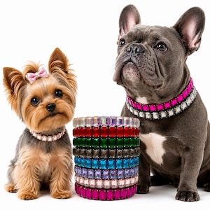 May include: A Yorkshire Terrier with a pink bow and a French Bulldog wearing a bright pink and clear rhinestone collar. Between them sits a stack of eight pet collars, each featuring a single row of rectangular, multi-coloured faceted rhinestones.