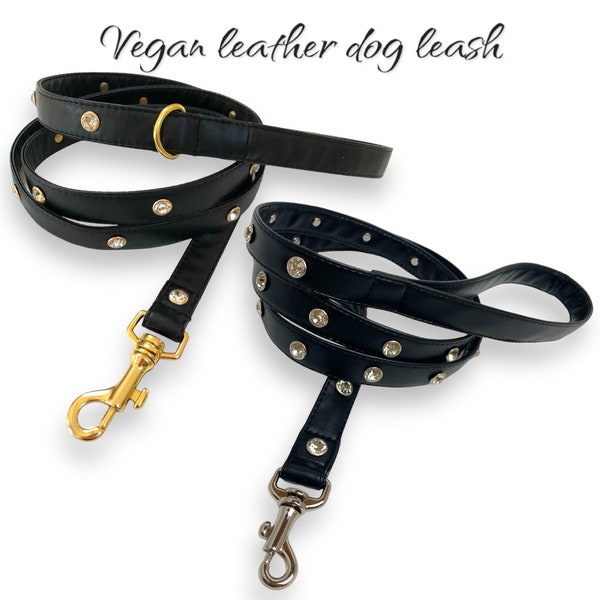 Black Faux Leather Designer Dog Leash with Rhinestones, Studs and Crystal rivets, vegan eco friendly pet leed, gift idea for dog mom