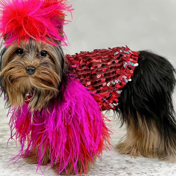 Handmade Couture Dog Shirt Stretch Ombre Sequin Top with Fuscia and Red Ostrich Feathers
