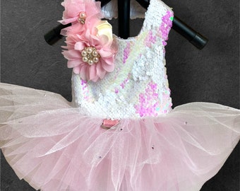 Handmade Dog Dress, Candy Pink and White Flip Sequin Tutu Dress for Princess Dog