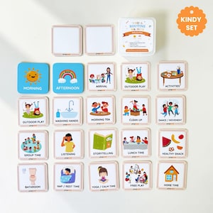 Könnte beinhalten: Ein Set aus quadratischen visuellen Routinemagneten mit farbenfrohen Illustrationen und Textbeschriftungen für tägliche Aktivitäten wie Morgen, Nachmittag, Spielen im Freien, Händewaschen und Mittagessen, angeordnet in einem Raster.