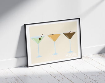 Moodie Martini Trio Art Poster | Funky Wall Art | Apartment Decor for Martini Lovers | 4 Sizes A2, A3, A4, A5