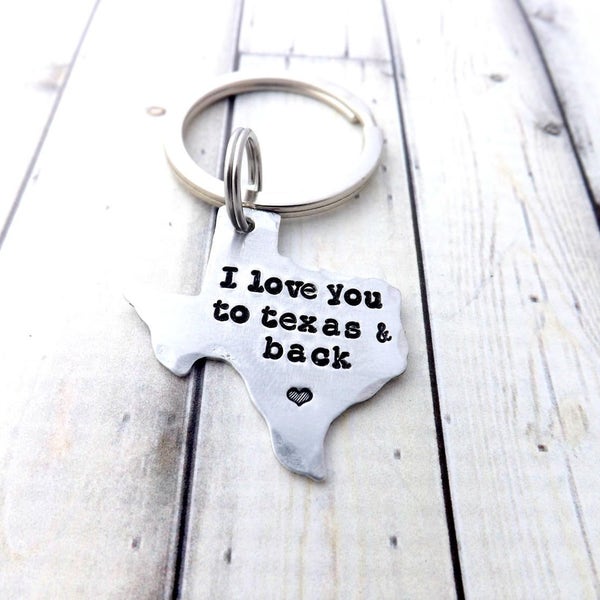 Texas-keychain- texas keychain-ornament-handstamped-personalized-i love you to texas and back- texas key chain