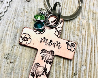 gift for mom, mothers day gift, mothers day keychain, gift for grandma, religious cross keychain, mothers day keychain, flower cross mom
