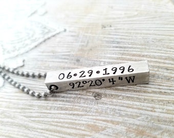 mens necklace,guys necklace,coordinates necklace,mens bar necklace-cool gifts for guys,personalized mens necklace,anniversary gift for guys