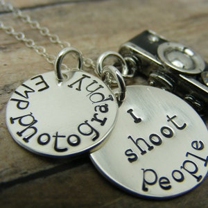 Camera charm handstamped sterling silver discs I shoot people necklace image 1