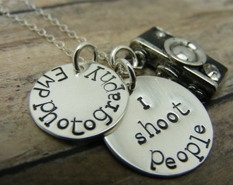 Camera charm handstamped sterling silver discs I shoot people necklace