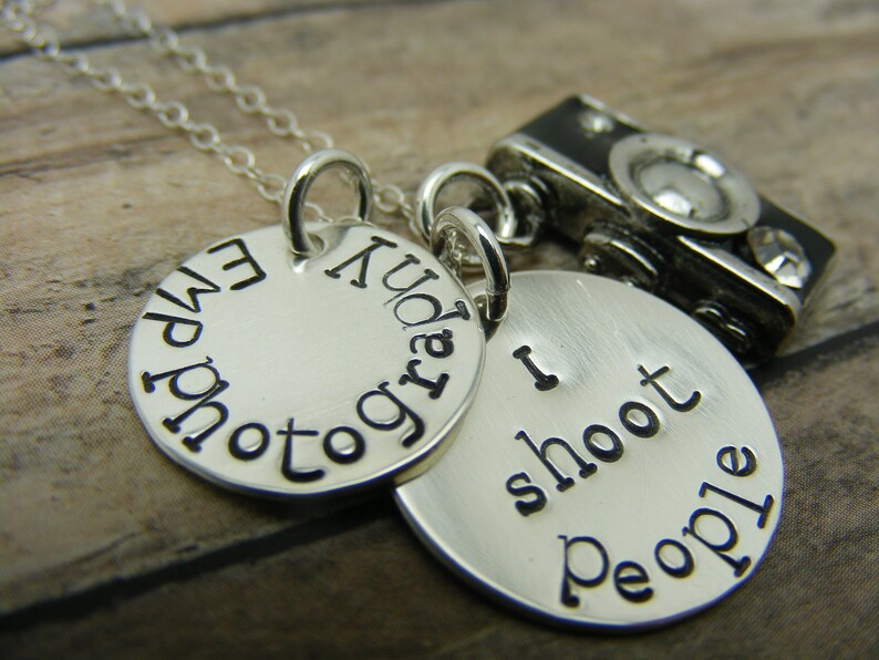 Camera charm handstamped sterling silver discs I shoot people necklace image 1