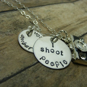 Camera charm handstamped sterling silver discs I shoot people necklace image 3