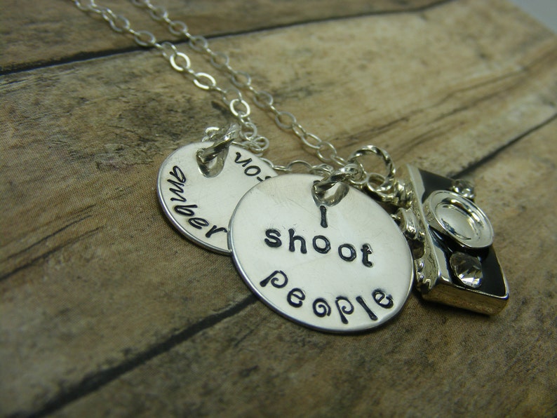 Camera charm handstamped sterling silver discs I shoot people necklace image 3