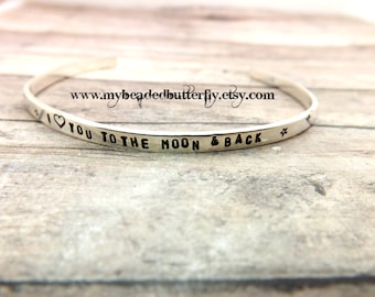 personalized bracelet - hand stamped cuff bracelet-personalized cuff -tiny cuff-I love you to the moon and back-sterling silver bracelet