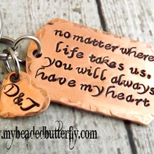 Dog tag keychain-mens keychain-quote-keychain-no matter where life takes us you will always have my heart-long distance gift- deployment