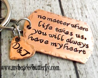Dog tag keychain-mens keychain-quote-keychain-no matter where life takes us you will always have my heart-long distance gift- deployment