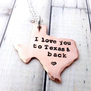 Texas necklace-texas jewelry-i love you to Texas and back-personalized texas jewelry-texan-texas-hand stamped texas necklac-texan necklace