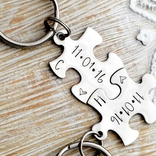 Engraved Personalized Couples Puzzle Piece Keychains Etsy