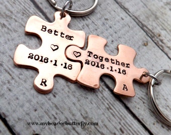 personalized keychain -couples keychains-couples gift-better together-puzzle piece keychains-puzzle piece jewelry-personalized gift-copper