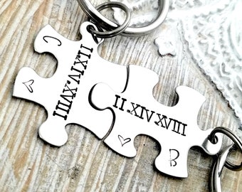 roman numeral keychains - couples puzzle keychains - couples keychains - anniversary gift- anniversary keychain - gift for couples - date