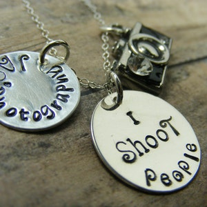 Camera charm handstamped sterling silver discs I shoot people necklace image 2