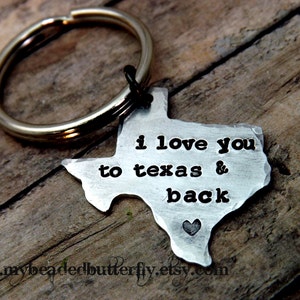 Texas-keychain texas keychain-ornament-handstamped-personalized-i love you to texas and back texas key chain image 2