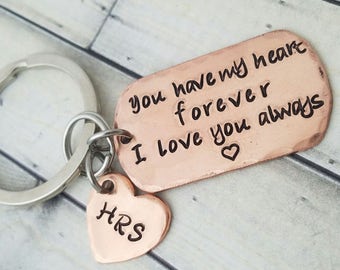 personalized keychain-dog tag keychain-mens keychain-couples keychain-anniversary -deployment -unisex key chain-you have my heart forever