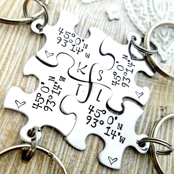 puzzle keychain set-latitude longitude keychain set- best friends keychain-bridesmaids keychains-groomsmen keychains-coordinates keychain