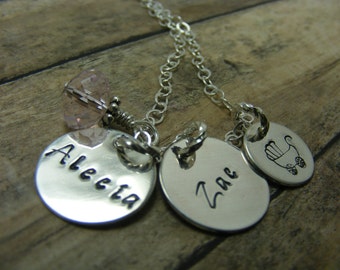 Handstamped-personalized-sterling silver necklace- Three disc mommy necklace with birthstone and design stamp