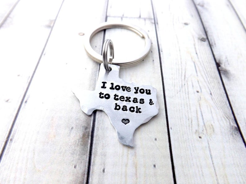 Texas-keychain texas keychain-ornament-handstamped-personalized-i love you to texas and back texas key chain image 1