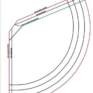 May include: A sewing pattern piece featuring a curved shape with red, blue, and green outlines. Text instructions include: Cut out along red lines, Line up blue lines, and Line up red line with green line. The design consists of black lines.