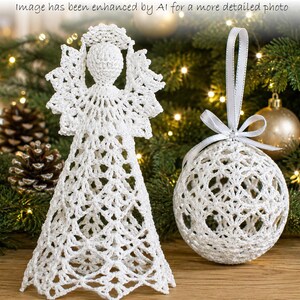 May include: A white crocheted angel figurine with a circular head and flared skirt alongside a white crocheted spherical ornament featuring a delicate openwork pattern and a thin white ribbon tied in a bow at the top for hanging purposes.