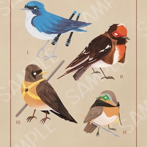 Peut inclure: Une illustration de quatre types de rouges-gorges différents, chacun avec un costume et une arme uniques. Les rouges-gorges sont étiquetés avec les chiffres romains I à IV. Le texte sous l'image indique : "I. Nightwing Robin - II. Red Hood Robin - III. Red Robin Robin - IV. Robin Robin."