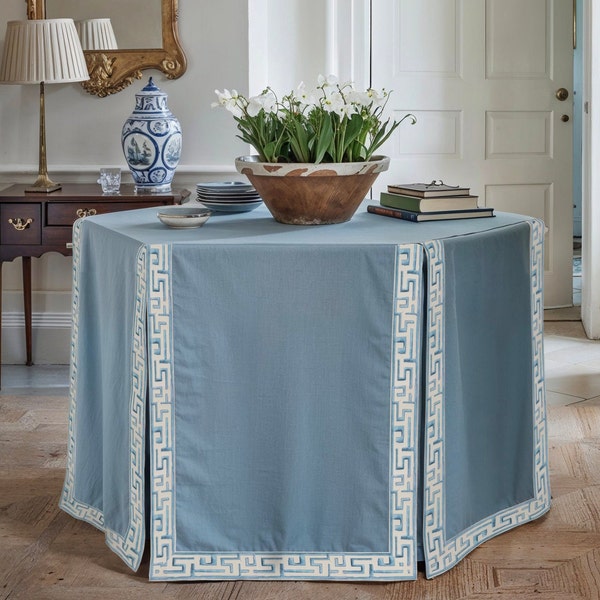 Polygon Pleated Tableskirt With Decorative Trim,Soft Blue Table Skirt,Custom Linen Table Skirt,Pleated Table Cover,Living Room Decor