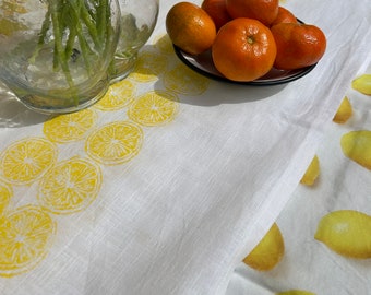 Tafelloper 100% linnen lemon blockprint