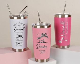 Vaso de vacaciones personalizado, tazas de viaje personalizadas, taza de regalo de viaje para niñas familiares, vaso de vacaciones en la playa de 20 oz, copa de viaje de despedida de soltera