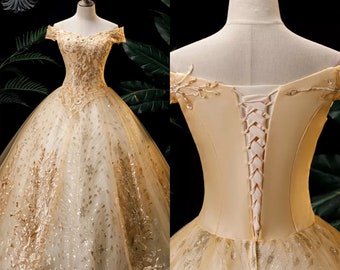 Robe de bal vintage en dentelle dorée à épaules dénudées - Une élégance parfaite pour une grande taille pour une robe de soirée de bal ou de bal