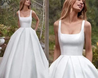 Simple Elegant A-Line Wedding Dress - Sleeveless & Backless with Square Collar