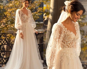 Romantic Princess Wedding Bridal Gown - See-through Flower Lace Long Sleeves Dress - V Neck A-Line with Sweep Train