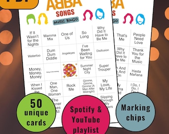 ABBA Songs Bingo Game, ABBA Music Bingo Cards, Music Bingo Game, Musical Party Game, Printable Bingo Cards