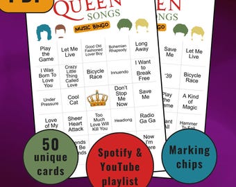 Queen Songs Bingo Game, Freddie Mercury Music Bingo Cards, Music Bingo Game, Musical Party Game, Printable Bingo Cards