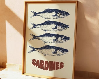 Sardines Print, Sardine Poster, Retro Sardines Wall Art, Fish Wall Art, Seafood Print, Fisherman Aesthetic
