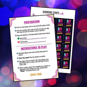 May include: A printable bingo card game with instructions for playing 80s music bingo. The game includes 50 unique bingo cards and marking chips. The instructions include links to Spotify and YouTube playlists.