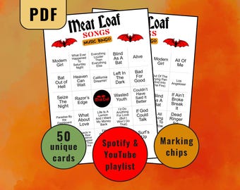 Meat Loaf Songs Bingo Game, Meat Loaf Music Bingo Cards, Music Bingo Game, Musical Party Game, Printable Bingo Cards