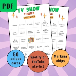 Thèmes de séries télé, Bingo, Cartes de bingo avec musique, Jeu de bingo avec musique, Jeu de société musical, Cartes de bingo à imprimer, Chansons thème de séries télévisées