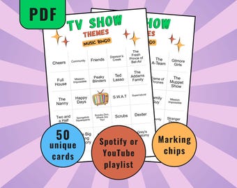 Bingo de temas de series de televisión, cartones de bingo musical, juego de bingo musical, juego de fiesta musical, cartones de bingo imprimibles, canciones de temas de series de televisión