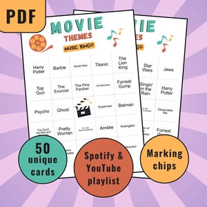 Movie Themes Bingo, Music Bingo Cards, Music Bingo Game, Musical Party Game, Printable Bingo Cards, Film Theme Songs