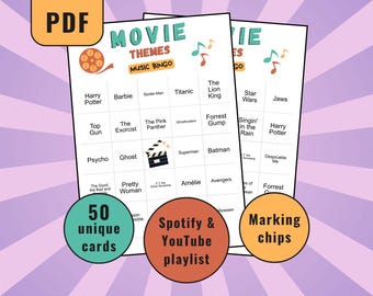 Movie Themes Bingo, Music Bingo Cards, Music Bingo Game, Musical Party Game, Printable Bingo Cards, Film Theme Songs