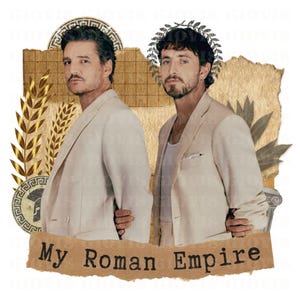 May include: Two men in white suits stand side-by-side. The man on the left has short brown hair and a beard. The man on the right has a laurel wreath on his head and a beard. The background is a collage of gold, brown, and white textures. The text "My Roman Empire" is at the bottom of the image.