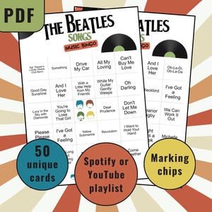 Juego de bingo con canciones de los Beatles, cartones de bingo con música de los Beatles, juego de bingo musical, juego de fiesta musical, cartones de bingo imprimibles