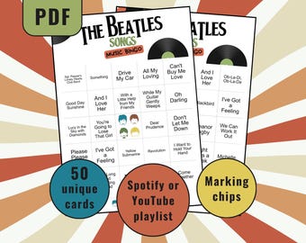 Beatles Songs Bingo Game, The Beatles Music Bingo Cards, Music Bingo Game, Musical Party Game, Printable Bingo Cards