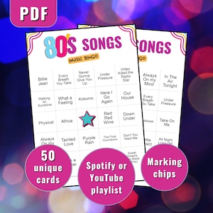 Bingo avec musique avec chansons des années 80, cartes de bingo avec musique des années 80, jeu de bingo avec musique, jeu festif musical, cartes de bingo à imprimer