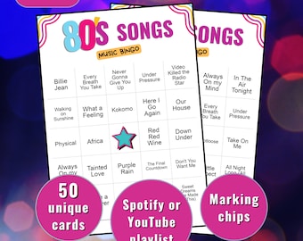 80er Jahre Lieder Musik Bingo, 80er Jahre Musik Bingokarten, Musik Bingo Spiel, Musikalisches Partyspiel, druckbare Bingokarten